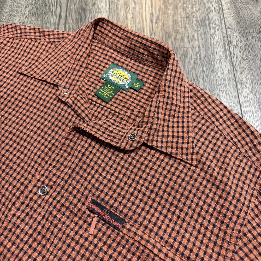 Cabela's Ultra Dry Shirt Mens Medium Orange Check Nylon Short‎ Sleeve Button Up